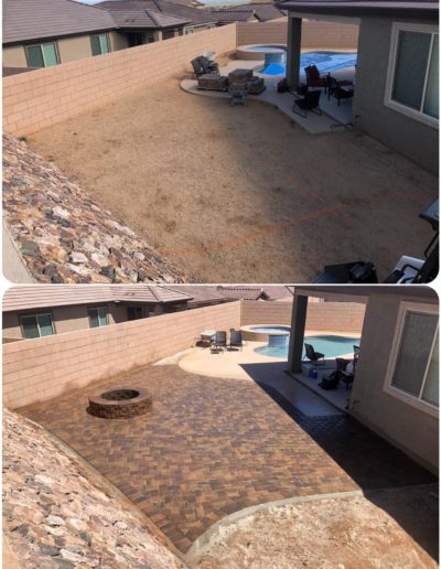 We installed the concrete pavers and round fire pit kit. This is a before and after photo.