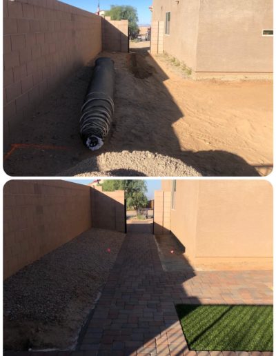 This is an example of a concrete paver walkway. We installed the concrete pavers along with the artificial turf you see in the photo. This is a before and after photo.