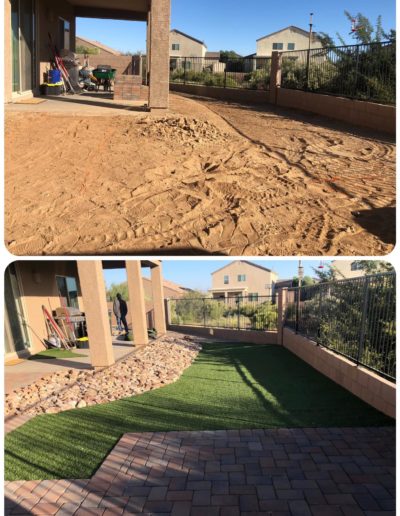 This is another view of the concrete paver walkway. We installed the concrete pavers along with the artificial turf you see in the photo. This is a before and after photo.